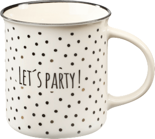Kaffeebecher "Let's Party!" weiß mit schwarz-goldenen Punkten (320 ml), 1 St