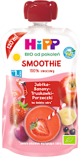 Smoothie Jabłka-Banany-Truskawki-Porzeczki BIO, po 1. roku HiPP