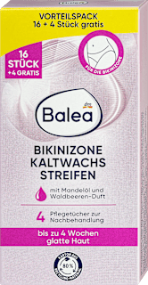 Depilačné voskové pásiky na oblasť bikín s mandľovým olejom 16 + 4 ks Balea