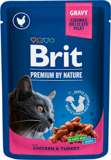 Krmivo pre dospelé mačky v kapsičke Premium By Nature s kuracím a morčacím mäsom v omáčke Brit