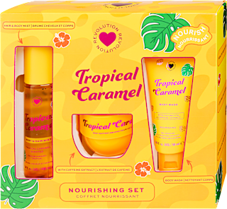 Testvaj, tusfürdő, haj és testpermet, Tropical Caramel ajándékcsomag REVOLUTION