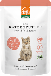 Nassfutter Katze mit Bio Lachs & Huhn, Leinsamen & Lachsöl, Lachs Harmonie Defu