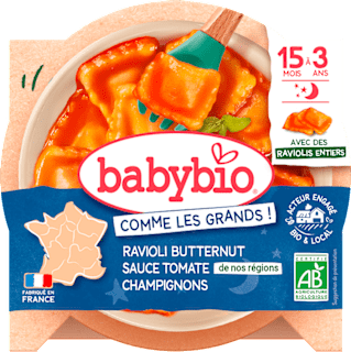 bio příkrm celé ravioli s dýňovou nádivkou, rajčatovým pyré a žampiony  babybio