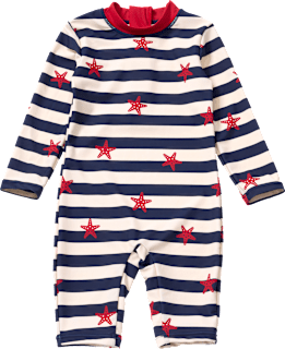 Badeoverall mit Streifen- und Seestern-Muster, blau & rot, Gr. 122/128 PUSBLU