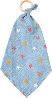 Schmusetuch aus Musselin & Holzring, blau & gelb ALANA