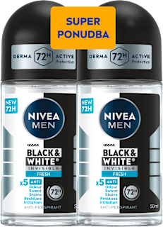 Antiperspirant roll-on Black & White Invisible Fresh - super ponudba, 2 × 50 ml NIVEA