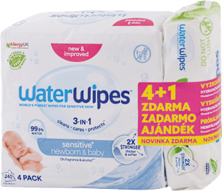 Detské vlhčené utierky sensitive Newborn & Baby 3-in-1 (4x60) + sensitive Hydrating Boost with aloe vera 3-in1 (60) WaterWipes