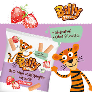 Kindersnack Mini Maisstangen mit Hirse Erdbeere ab 3 Jahren Billy Tiger