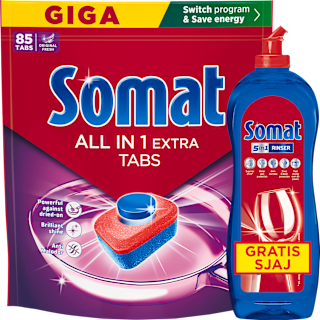 ALL IN 1 EXTRA tablete za pranje sudova GIGA pack 85kom + 5in1 RINSER za sjaj posuđa 750ml gratis Somat