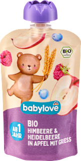 Био плодово пюре ябълка, малина и боровинка с грис, 1+г babylove