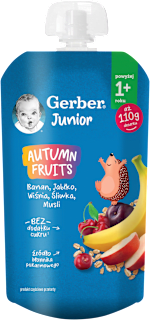 Mus banan, jabłko, wiśnia, śliwka, musli, Junior Autumn Fruits po 1. roku Gerber