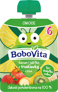 Mus banan i jabłko z truskawką i kiwi, po 6. miesiącu Bobovita