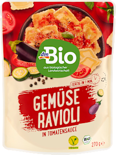 Bio egytálétel, zöldségekkel töltött olasz ravioli dmBio