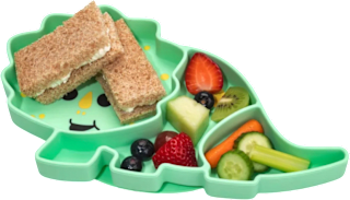 Farfurie din silicon cu ventuză, model dinozaur melii