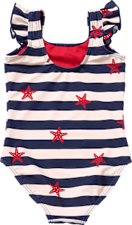 Badeanzug mit Rüschen & Seestern-Muster, blau & rot, Gr. 98/104 PUSBLU