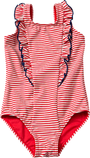 Badeanzug mit Ringel-Muster & Rüschen, rot & weiß, Gr. 86/92 PUSBLU