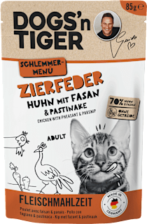 Nassfutter Katze mit Huhn, Fasan & Pastinake, Zierfeder DOGS'n TIGER