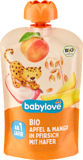 Пюре от праскова, ябълка, манго и банан с овесени ядки, 1+г babylove