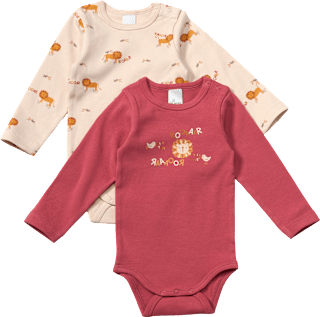 Langarm-Bodys mit Löwen-Motiv, rot + beige, Gr. 74/80 ALANA