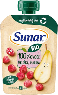 BIO příkrm v sáčku 100% ovoce hruška, malina Sunar