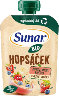 BIO příkrm v sáčku Hopsáček jahoda, banán, borůvka a ovesné vločky Sunar