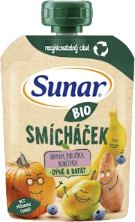 BIO příkrm v sáčku Smícháček banán, hruška, dýně, batáty a borůvky Sunar