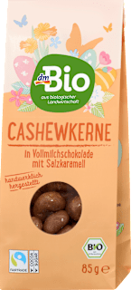 Pražené a solené kešu oriešky v mliečnej čokoláde so slaným karamelom dmBio