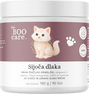 Za sijočo dlako mačk, dopolnilna krmna mešanica v obliki mehkih žvečljivih priboljškov the BOO care