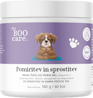 Za pomiritev in sprostitev psov, dopolnilna krmna mešanica v obliki mehkih žvečljivih priboljškov the BOO care