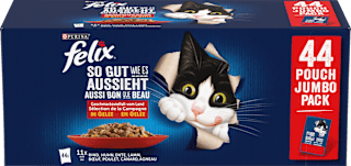 Nassfutter Katze, Geschmacksvielfalt vom Land mit Rind, Huhn, Ente & Lamm in Gelee, Multipack (44x85 g) Felix