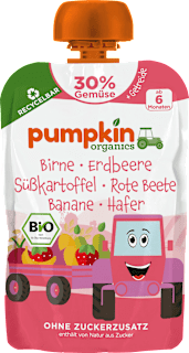 Quetschie Birne, Erdbeere, Süßkartoffel, Rote Beete, Banane & Hafer, ab 6 Monaten pumpkin organics
