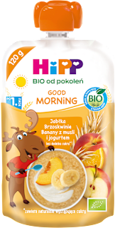 Mus jabłka - brzoskwinie - banany z musli i jogurtem BIO po 1. roku życia Good Morning HiPP