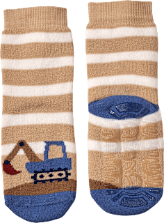 Stoppersocken mit Bagger-Motiv, beige & blau, Gr. 19/20 ALANA