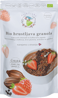 Bio presna granola z okusom čokolade in liofiliziranimi jagodami drobTinka