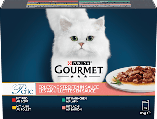 Nassfutter Katze mit Rind, Huhn, Kaninchen & Lachs, Perle - erlesene Streifen, Multipack (8x85 g) Purina Gourmet