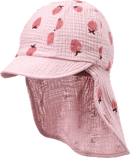Schirmmütze aus Musselin mit Nackenschutz & Erdbeer-Muster, rosa, Gr. 50/51 ALANA