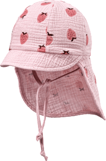 Schirmmütze aus Musselin mit Nackenschutz & Erdbeer-Muster, rosa, Gr. 46/47 ALANA