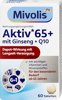 Prehransko dopolnilo Aktiv 65+ z vitamini, minerali, izvlečkom ginsenga in koencimom Q10 Mivolis
