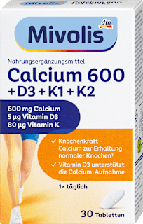 Tablety Calcium 600 + Vitamín D3 + Vitamín K1 + K2 Mivolis