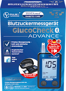 GlucoCheck ADVANCE Blutzuckermessgerät mit Sprachausgabe Testa med