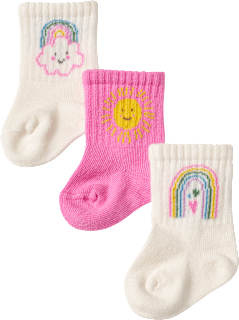 Erstlingssocken mit Regenbogen- & Sonnen-Motiv, weiß + rosa, Gr. 13/14 ALANA