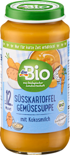 Supă de legume pentru copii cu cartofi dulci și legume, cu lapte de cocos, de la 12 luni dmBio