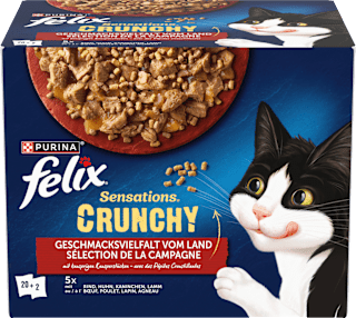 Nassfutter Katzen, Crunchy Geschmacksvielfalt vom Land, Multipack (20x85g + 2x40g) Felix