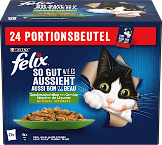 Nassfutter Katze, gemischte Vielfalt mit Gemüse in Gelee, Multipack (24x85g) Felix