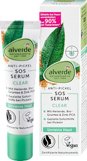 Pattanás elleni SOS-szérum problémás bőrre Clear, gyógyfölddel és bio zöldteakivonattal alverde NATURKOSMETIK