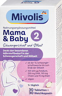 Mama & Baby 2 étrend-kiegészítő vitaminokkal, ásványi anyagokkal, kolinnal és Omega-3 zsírsavakkal Mivolis