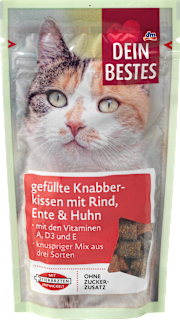 Katzenleckerli gefüllte Knabberkissen Rind, Ente & Huhn Dein Bestes