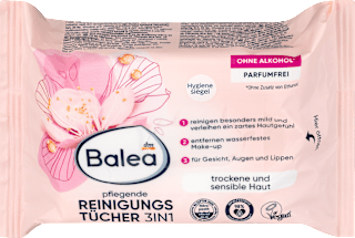 Ošetrujúce vlhčené čistiace utierky na suchú pleť 3v1 Balea