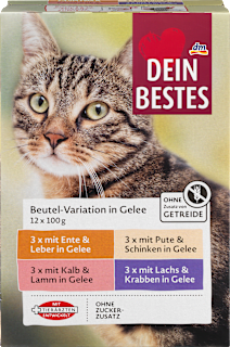 Nassfutter Katze mit Ente, Kalb, Pute, Lachs in Gelee, Multipack (12x100 g) Dein Bestes