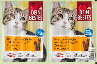 Przekąska dla kotów, z kurczakiem, kaczką i dodatkiem trawy Dein Bestes